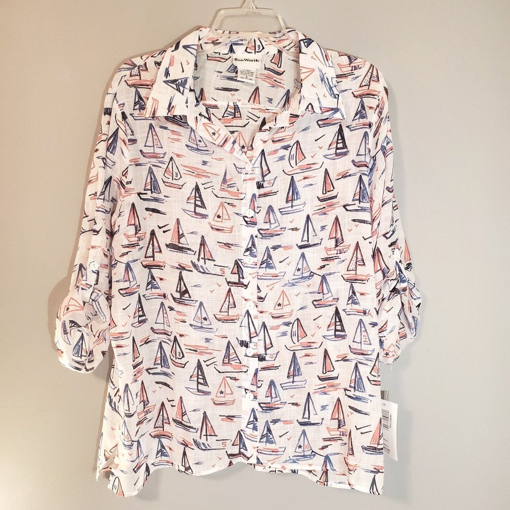 NWT BonWorth Nautical Multi-Colored Sailboat Print Button-up Shirt